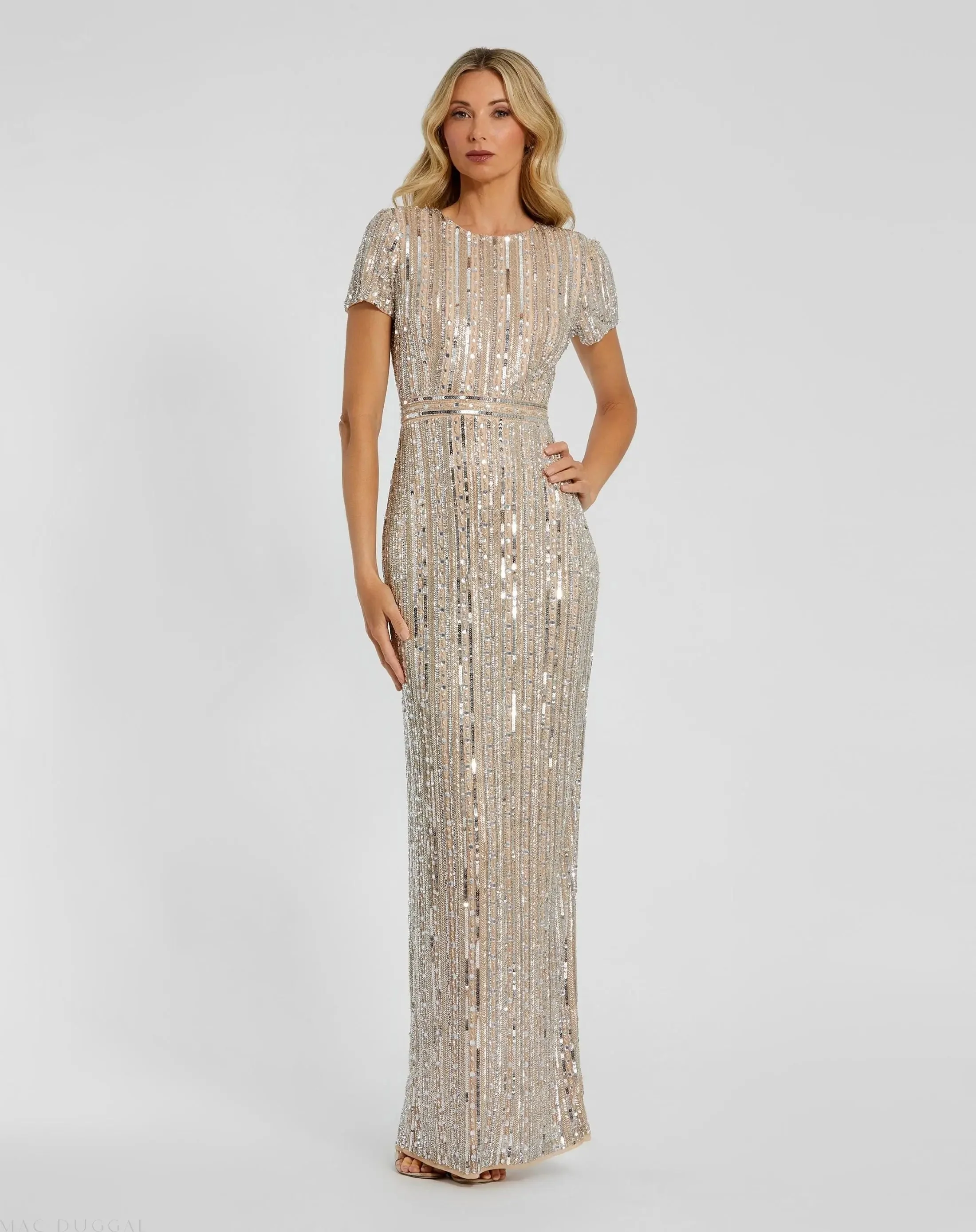 Beige and Silver High Neck Short Sleeve Embellished Gown