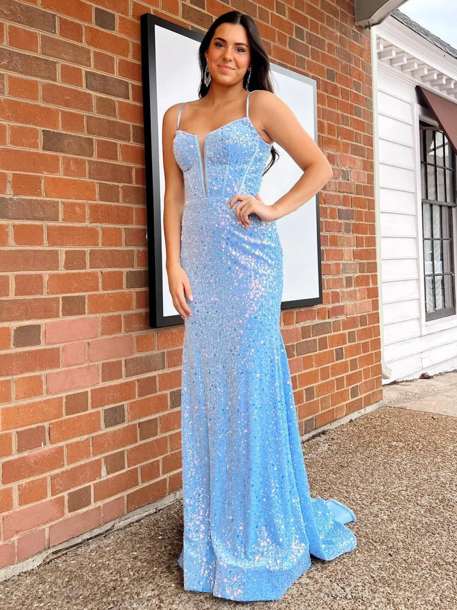 Mermaid Sky Blue Sequin Long Prom Dress