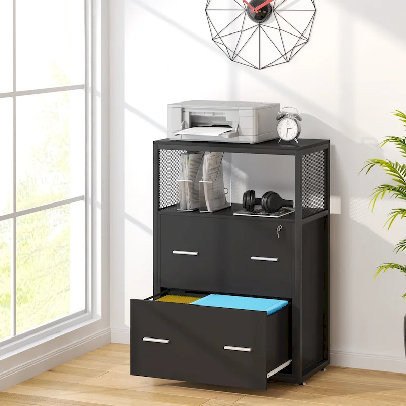 Walnut Black 2-Drawer Lateral File Cabinet with Open Shelves