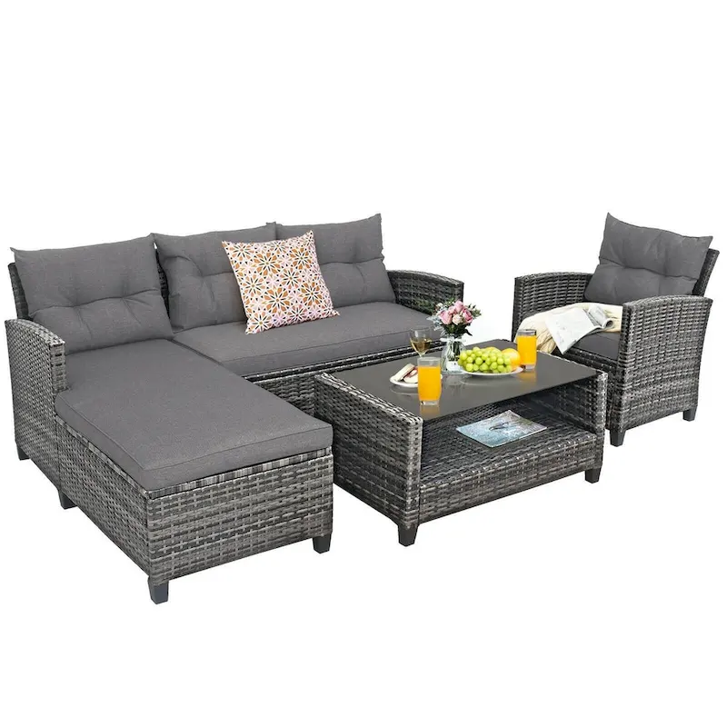 4 Pieces Patio Rattan Furniture Set with Cushion and Table Shelf - 27.5 x 47 x 30 (L x W x H)