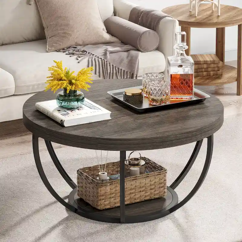 31.7 Round Coffee Table, Rustic 2-Tier Center Table with Storage Open Shelves
