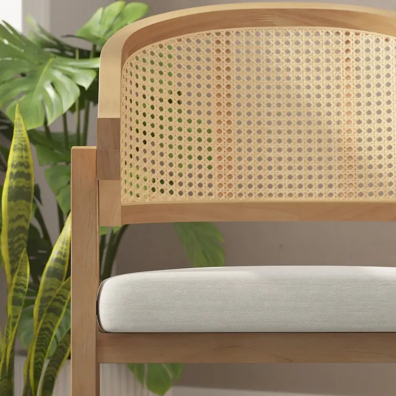 Cane Rattan Dining Chair with Upholstered Seat and Armrests