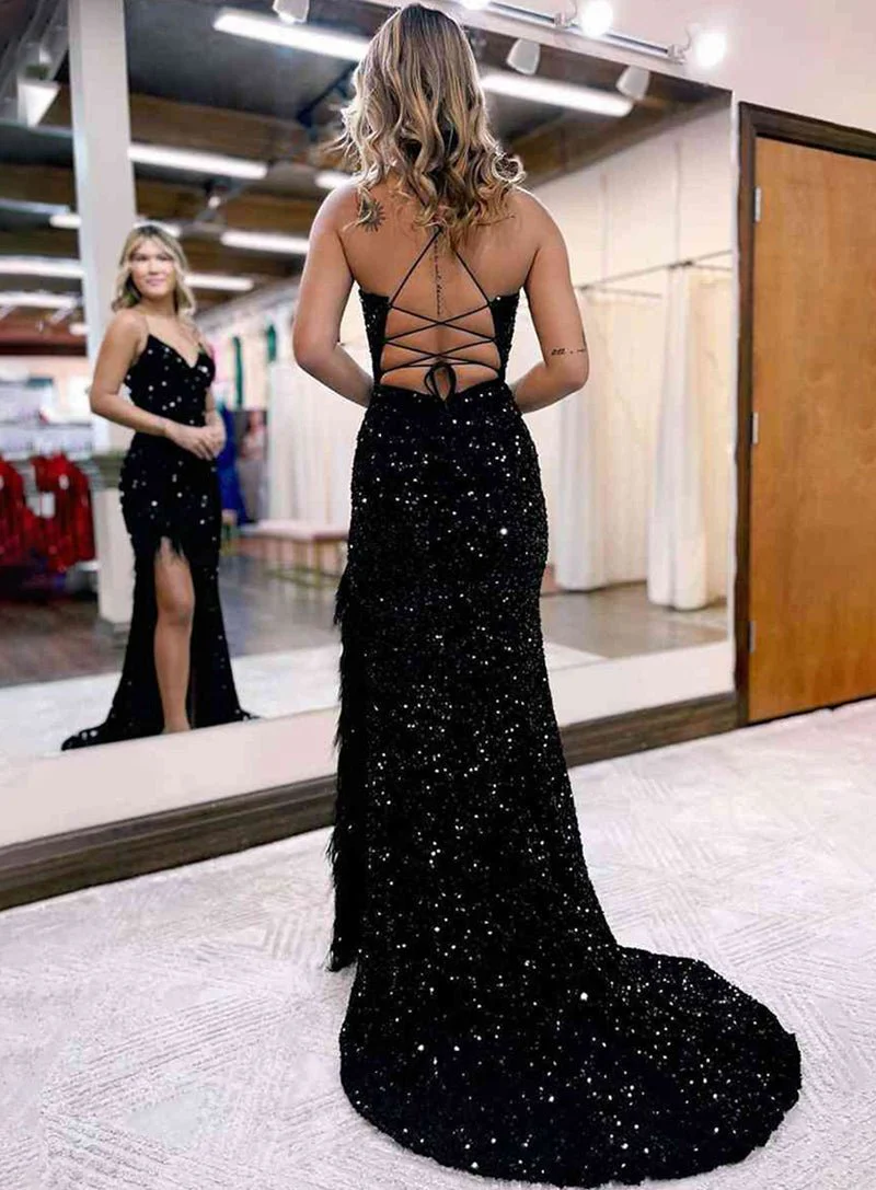 Mermaid V Neck Sequins Long Prom Dress with Slit