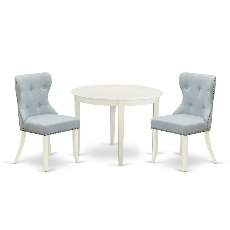 East West Furniture Dining Table Set- a Kitchen Table and Baby Blue Linen Fabric Parson Chairs, Linen White(Pieces Options)