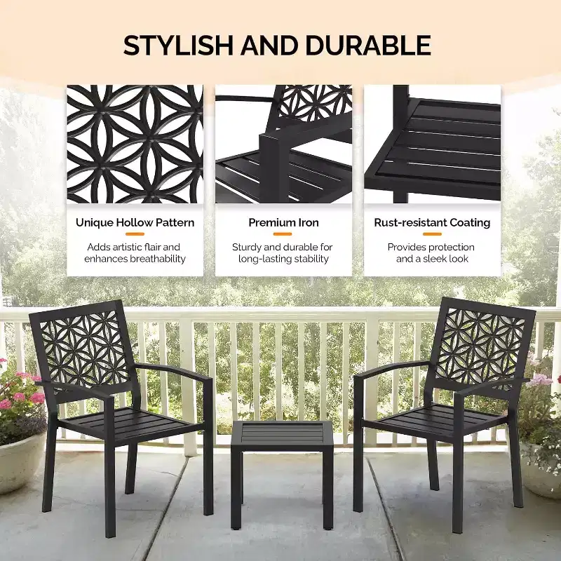 VINGLI 3-Piece Outdoor Bistro Set, Stackable Metal Table & Chairs with Rust-Resistant Coating, Black