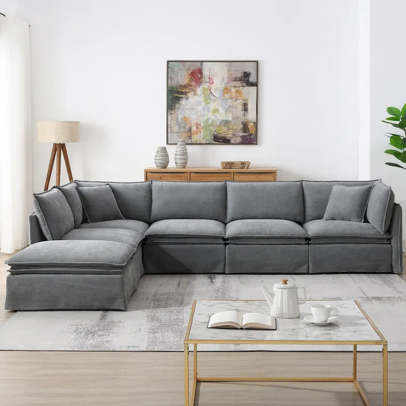 L Shaped Modular Sectional Chenille Sofa with Movable Ottoman