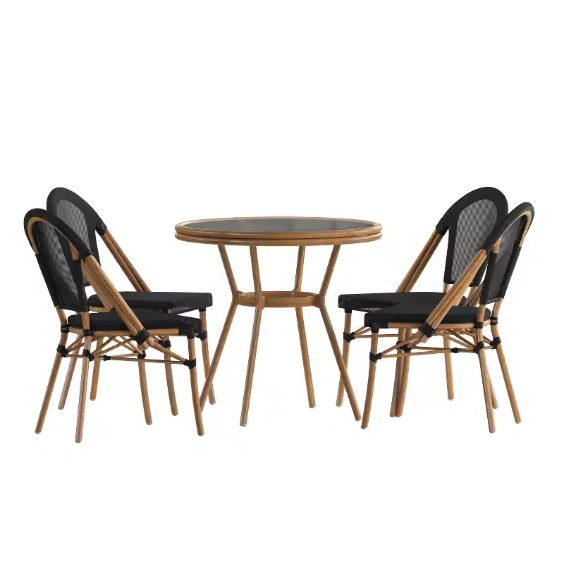Flash Furniture Marseille Indoor/Outdoor Commercial Bistro 31.5 Table, Textilene, Glass Top with 4 Stack Chairs