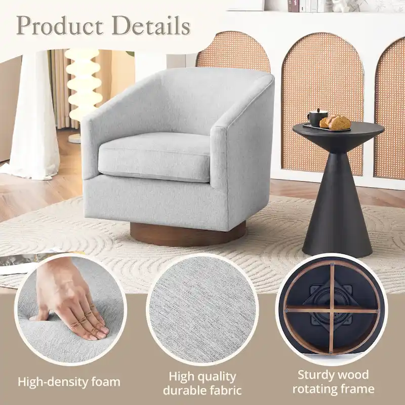 LUE BONA Modern Living Room Armchair Upholstered Wooden Barrel Swivel Accent Chair