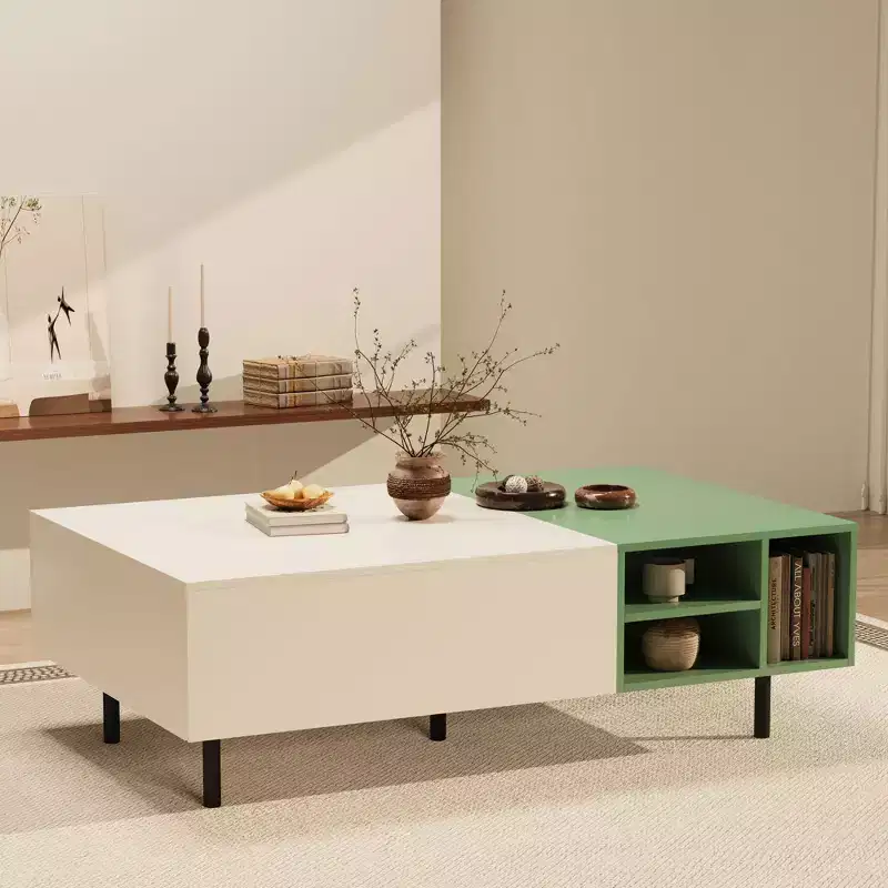 51.2 Inch Modern Color Block Coffee Table with Storage Mint Green and White Center Table with Drawers and Open Shelf for Living Room Gaoyangjiaju