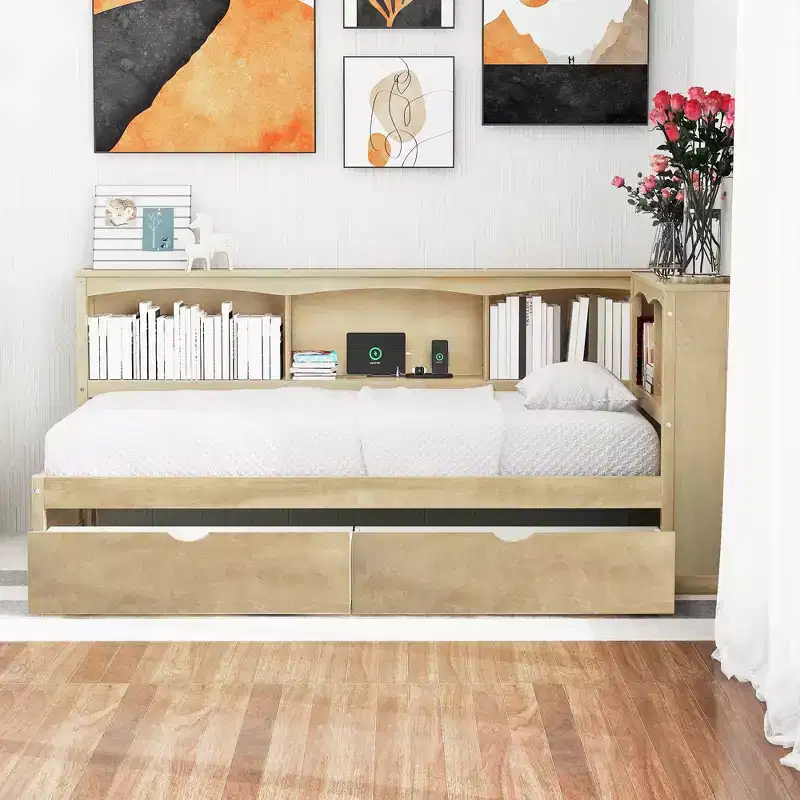 FAMYYT Twin Size Daybed with 2 Storage Drawers, Storage Cabinets and USB Ports, Easy Assembly, Natural Color