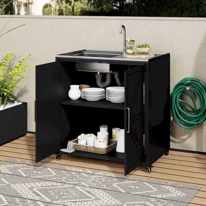 Outdoor Movable Kitchen Sink Patio Modular Kitchen Sink Station with Cabinet