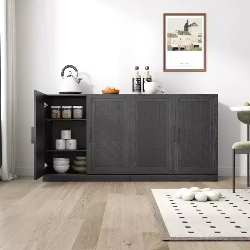 PexFix 31 Modular Sideboard Cabinet with Storage Modern Farmhouse Buffet Cabinet with Rattan Doors for Living Room Kitchen Dining Room Entryway Black