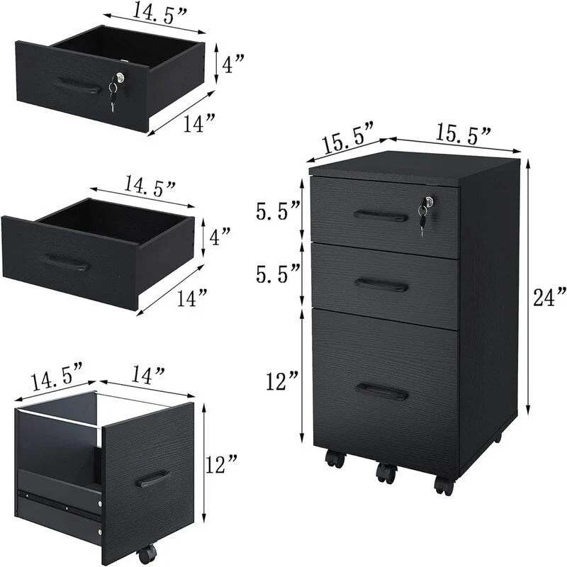 File Cabinet with Lock3 Drawer Wood Rolling - 15 D x 15 W x 26 H