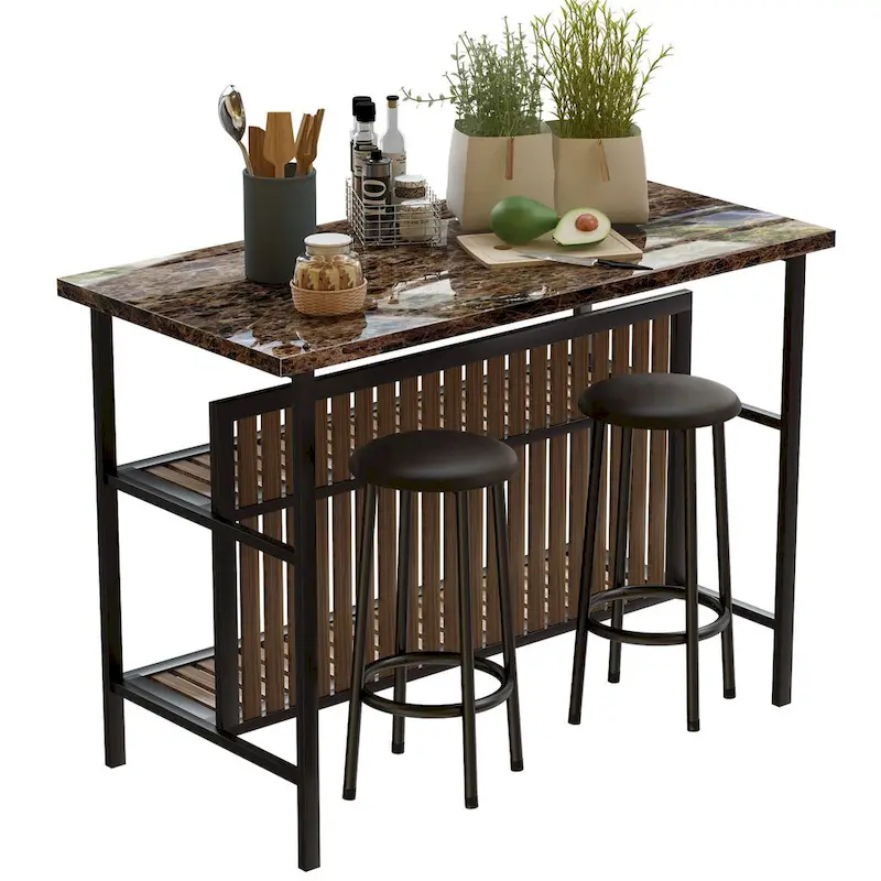 Grondin Mid-Century Modern 3-Piece Faux Marble Top Kitchen Island Set with 2 Stools and Shelves - N/A