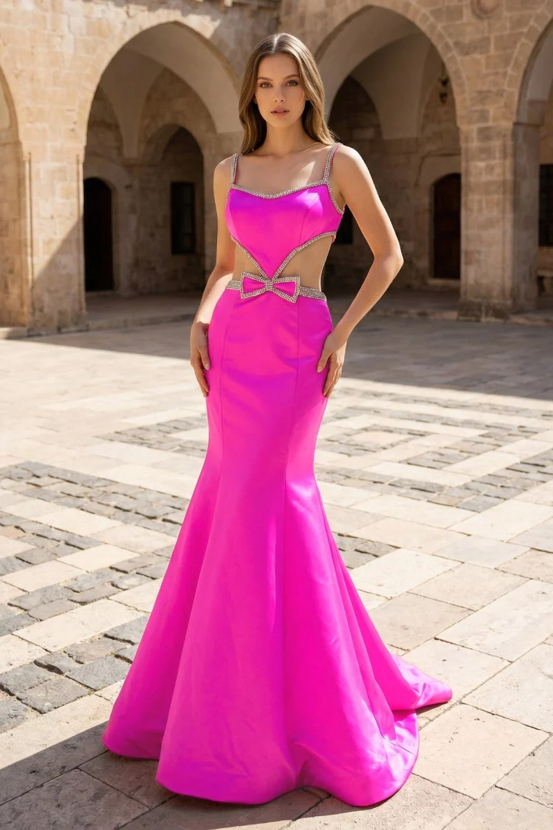 Scoop Neck Mermaid Beaded Long Prom Dress With Bow