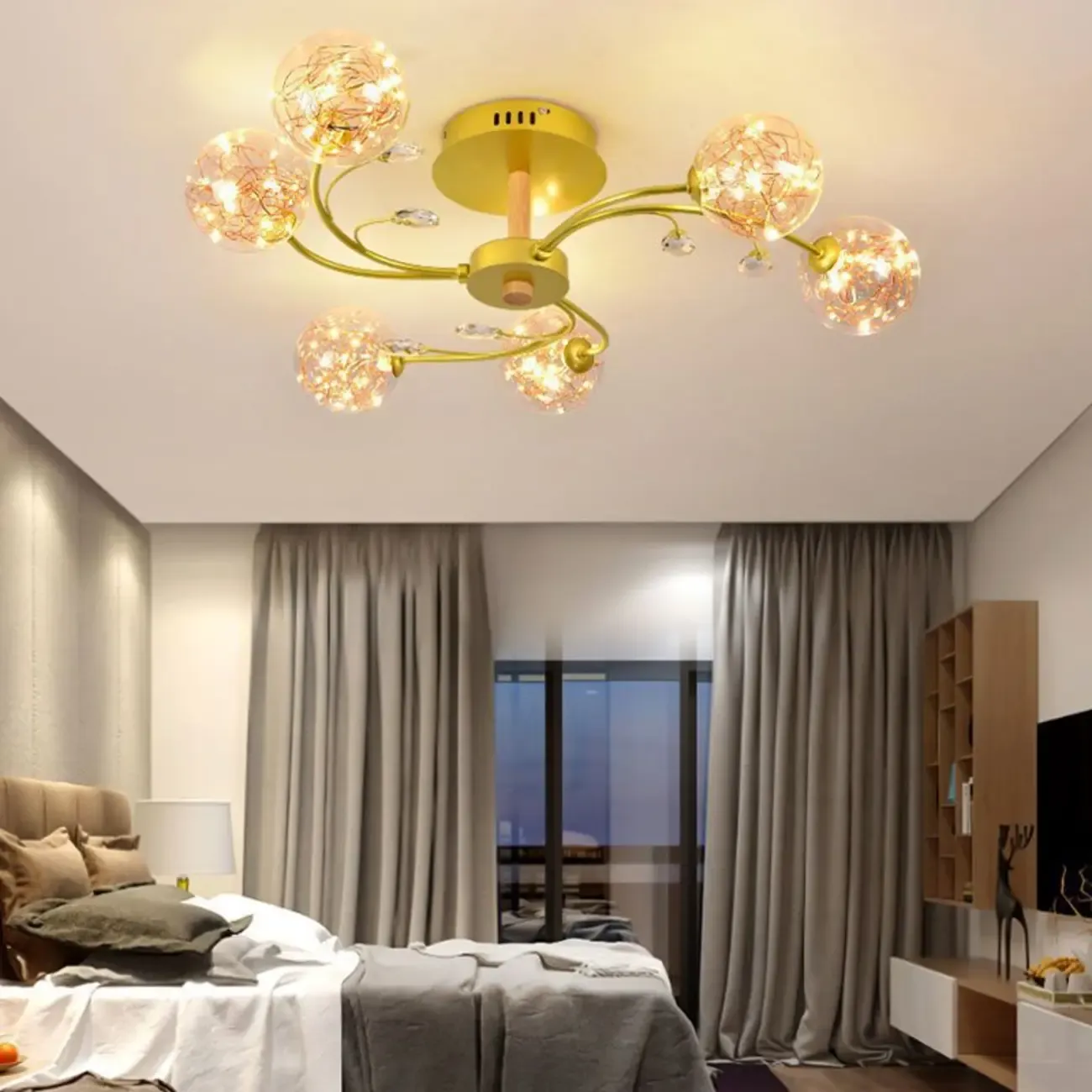 Crystal Globe Shade Gold Semi Flush Mount Light 3-Gear Dimming