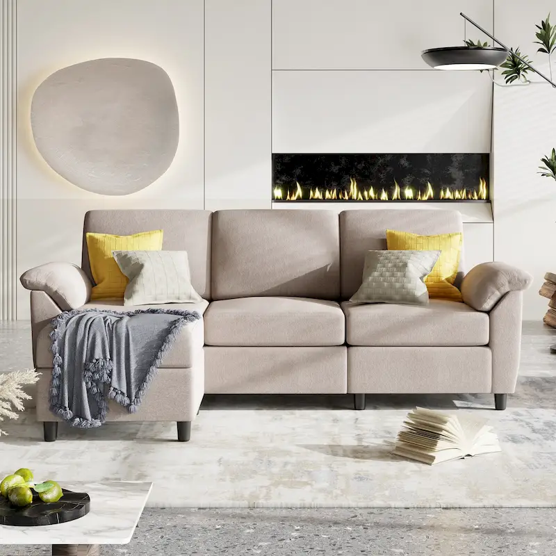 Khaki / Black / Grey / Green L-Shaped Sectional Sofa with Ottoman, 3-Seat Fabric Couch with Removable Pillows