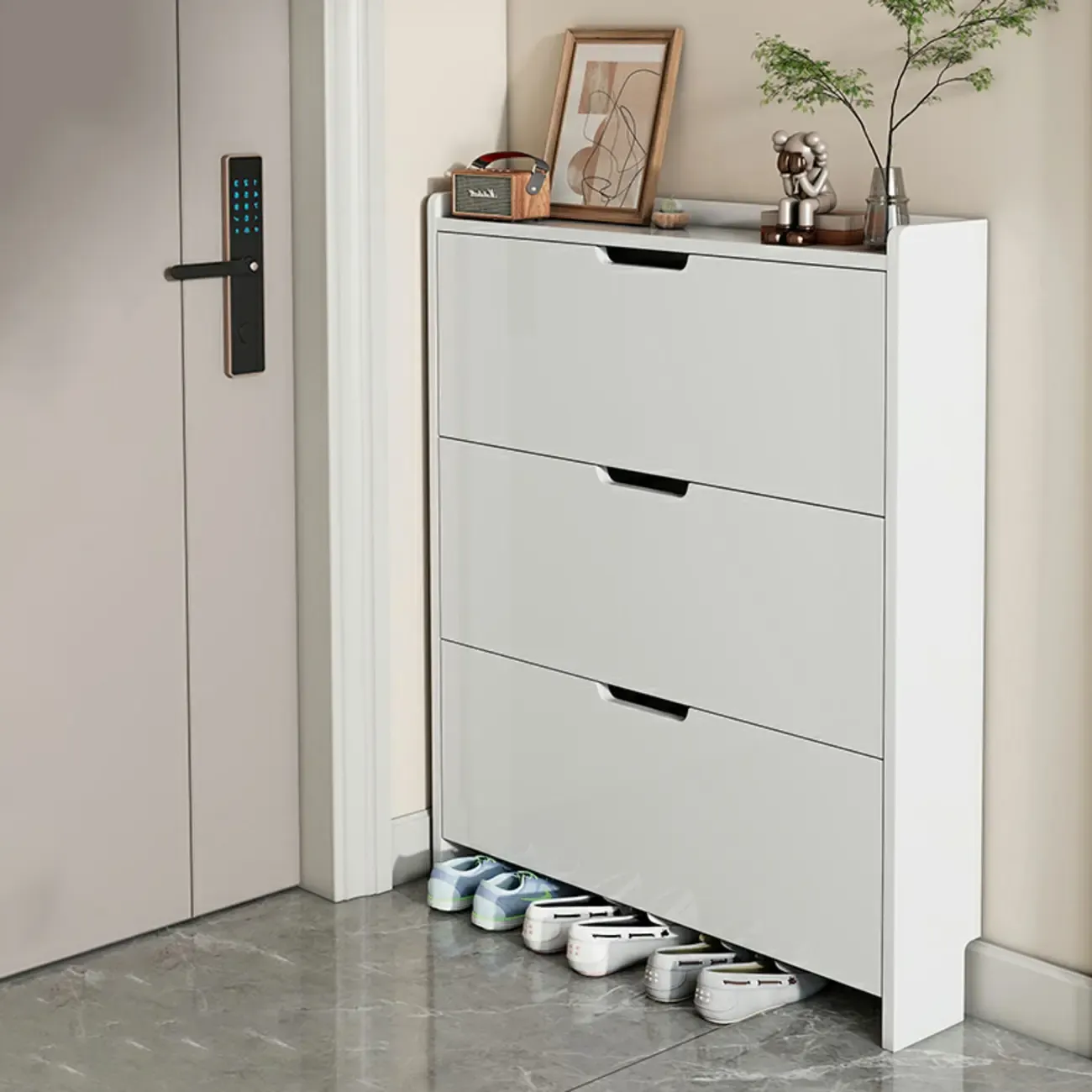 3-Tier White Wood Shoe Cabinet with Drop Front