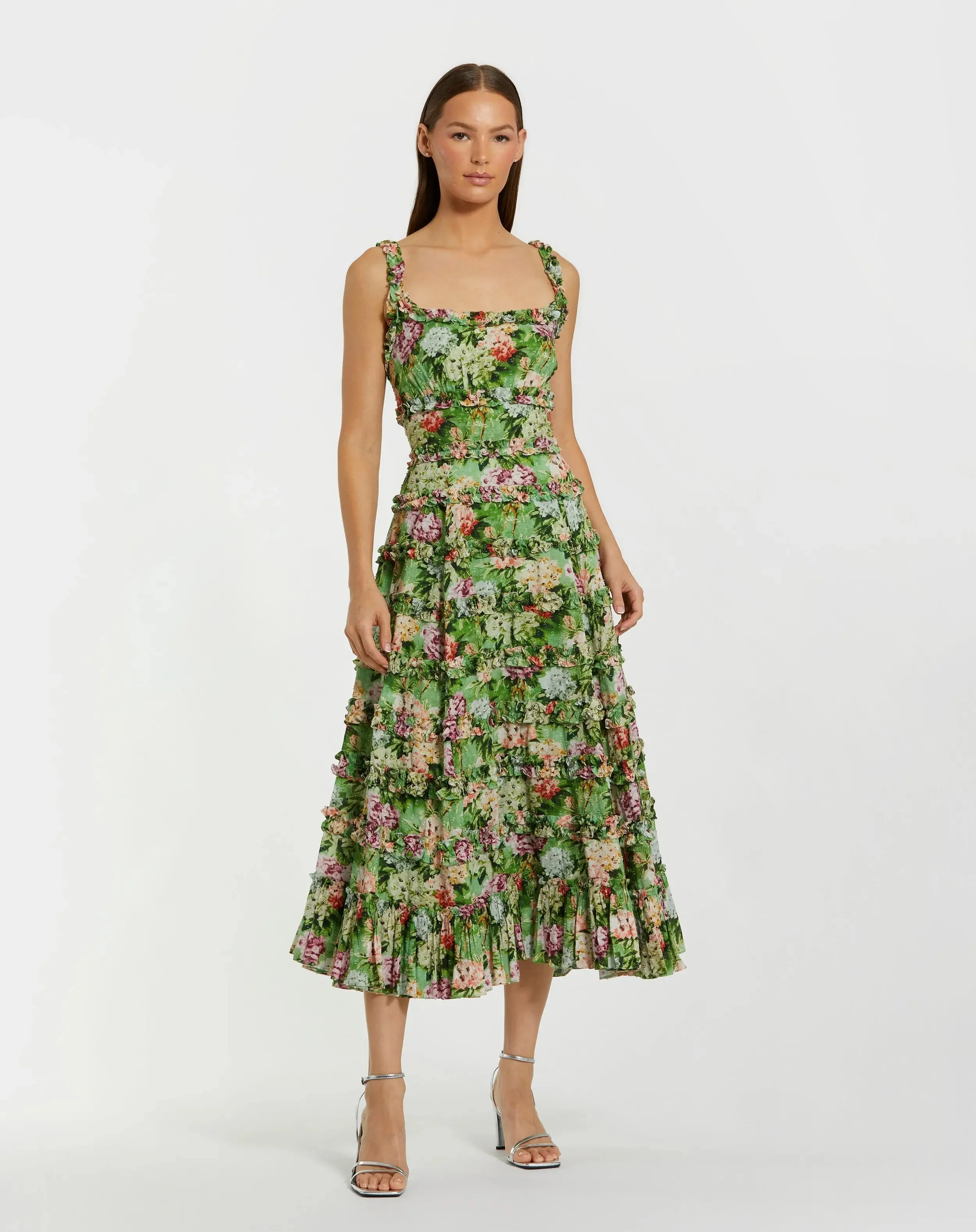 Green Ruffle Floral Square Neck Midi Dress