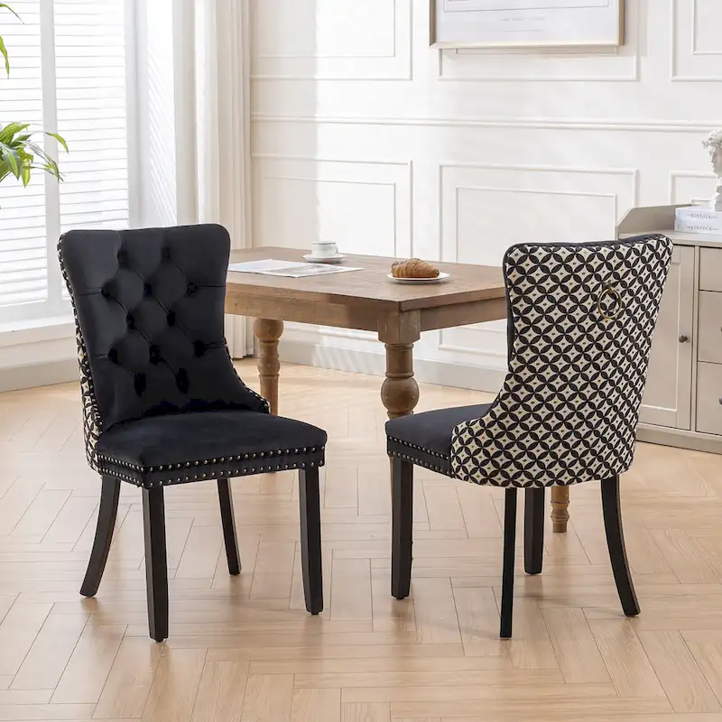 Modern Set of 2 Velvet Tufted Dining Chair with Wood Legs and Nailhead Trim