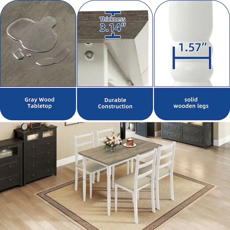 Moasis Farmhouse Dining Table Set with 4 Chairs Rectangular Dining Set Roman Column Style Kitchen