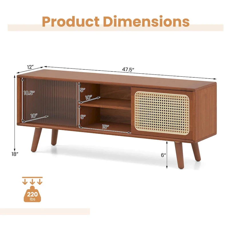 Mid-Century TV Stand with Rattan Sliding Doors, Brown/Natural, 47.5