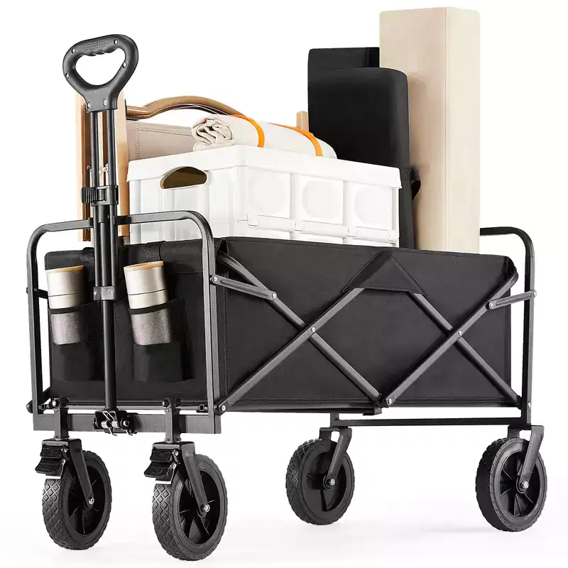 Besiter Wagon Cart, Collapsible Wagon Cart with 2 Cup Holders, Portable Utility Wagon with Adjustable Handbar for Camping, Shopping, Outdoor