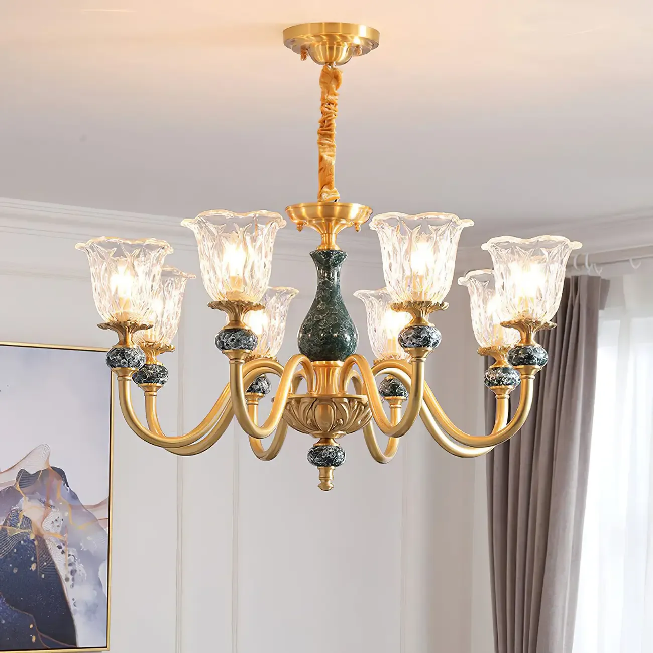 Vintage Living Room Brass Glass Flower Shape Up Light Chandelier