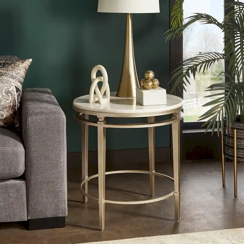 Egan Champagne Silver Finish Round Marble Top End Table by