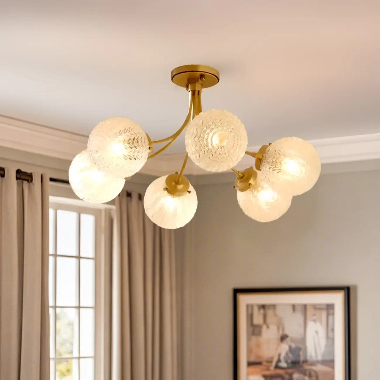 Elegant 6-Light Globe Glass Golden Semi Flush Ceiling Light
