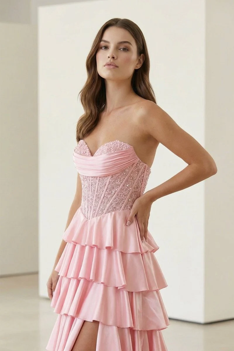 Navy Blue Sweetheart A Line Satin Appliqued Prom Dresses With Ruffles