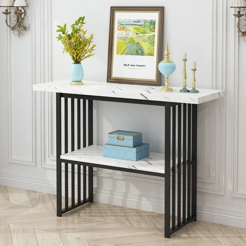 Narrow Console Table with Geometric Metal Legs – Gold / Black