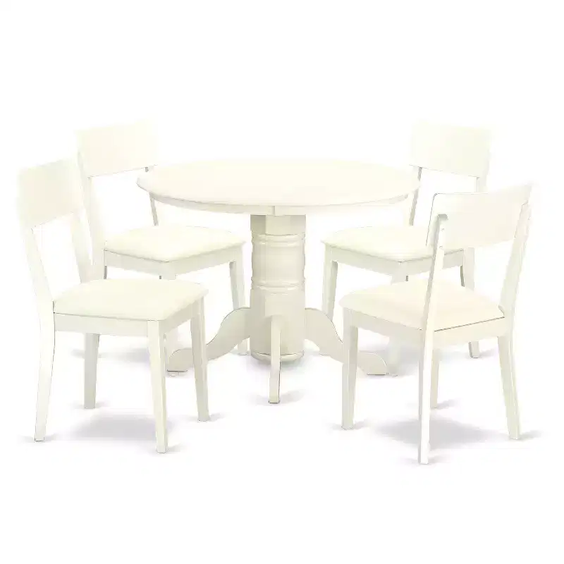 HomeStock 5-Piece Round Linen White Finish Solid Wood Top Dining Table with 4 Chairs
