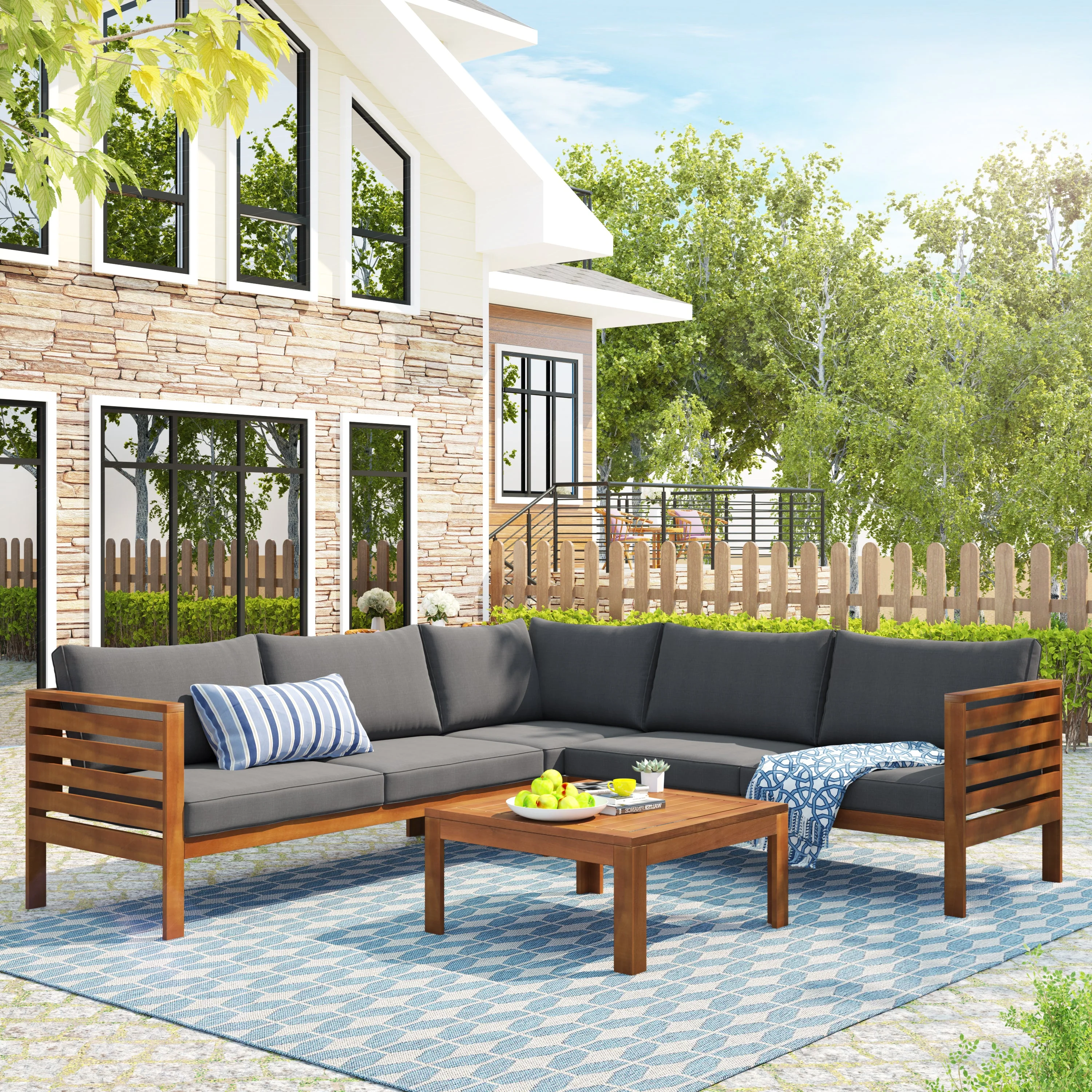 Walker Edison | Acacia Wood Structure Outdoor Sofa Set