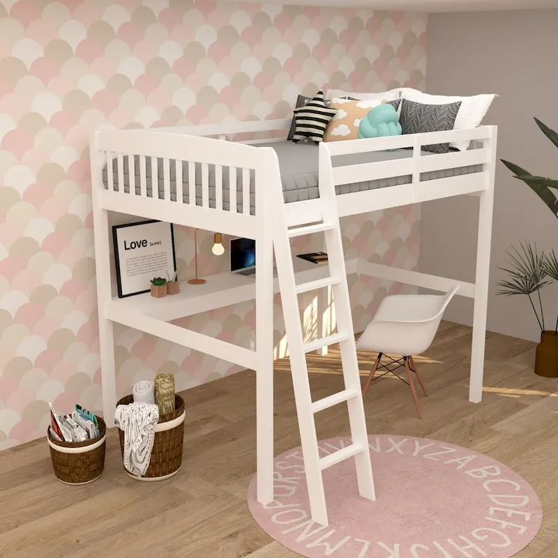 Twin Size Loft Bed with Desk, Solid Wood