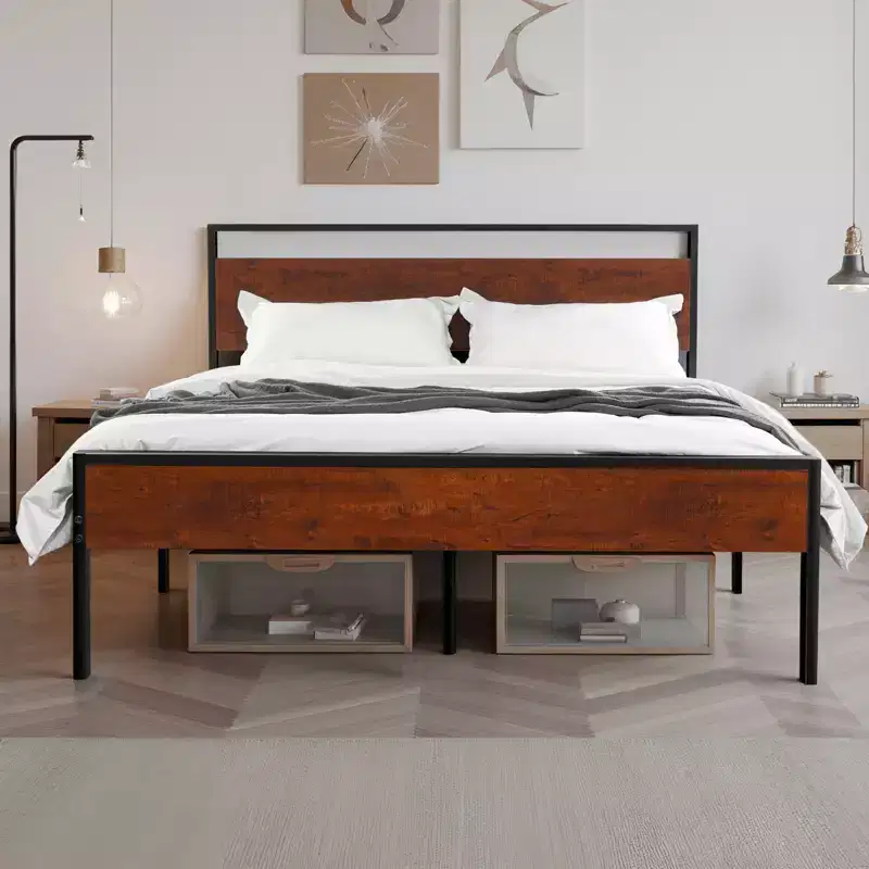 VEVOR Queen Size Bed Frame, Black Metal Platform Bed Frame with Retro Brown Wooden Headboard and Footboard, Large Under-Bed Storage, Brown