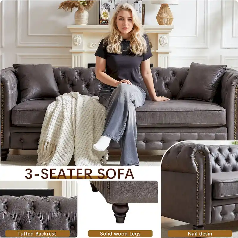 Gray Tufted Sofa with Rolled Arms - 3 Seater