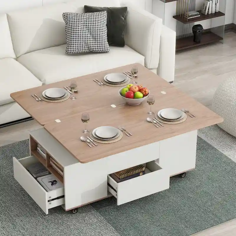 Modern Walnut & White Lift Top Coffee Table Multifunctional Table with Drawers & Shelves