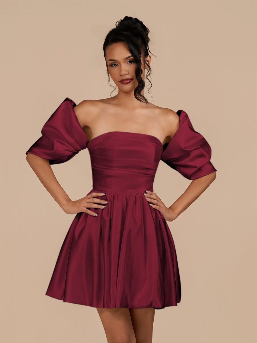 Burgundy - A Line Satin Strapless Puffed Sleeves Short Homecoming Dresses