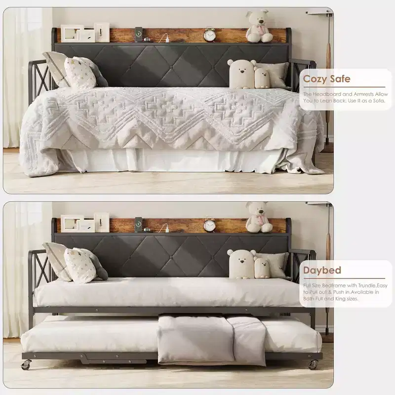 Twin Size Daybed with Trundle and Charging Station, Upholstered Headboard Sofa Bed with Robust Metal Frame for Bedroom, Guest Room and Living Room