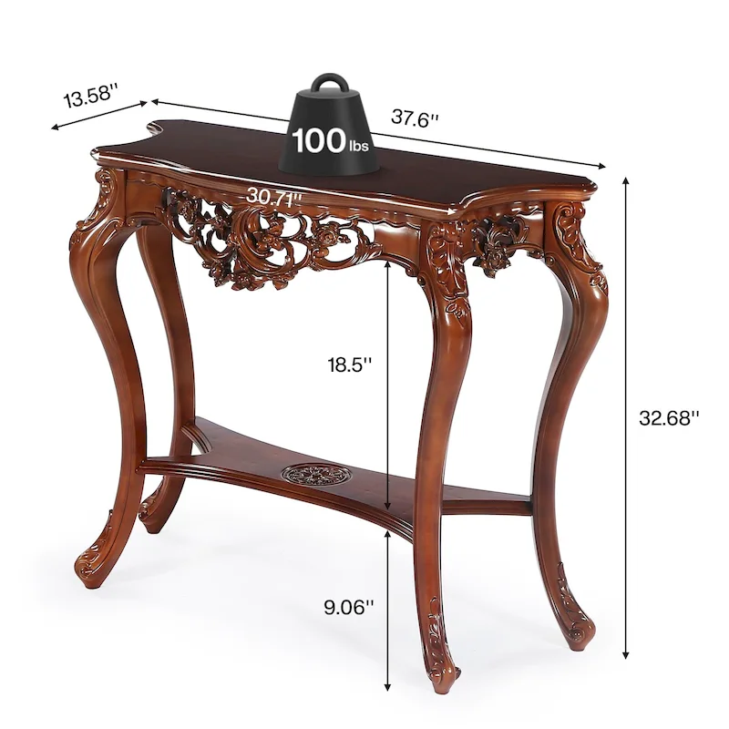 Walnut Two-Tier Carved Console Table with Lower Shelf