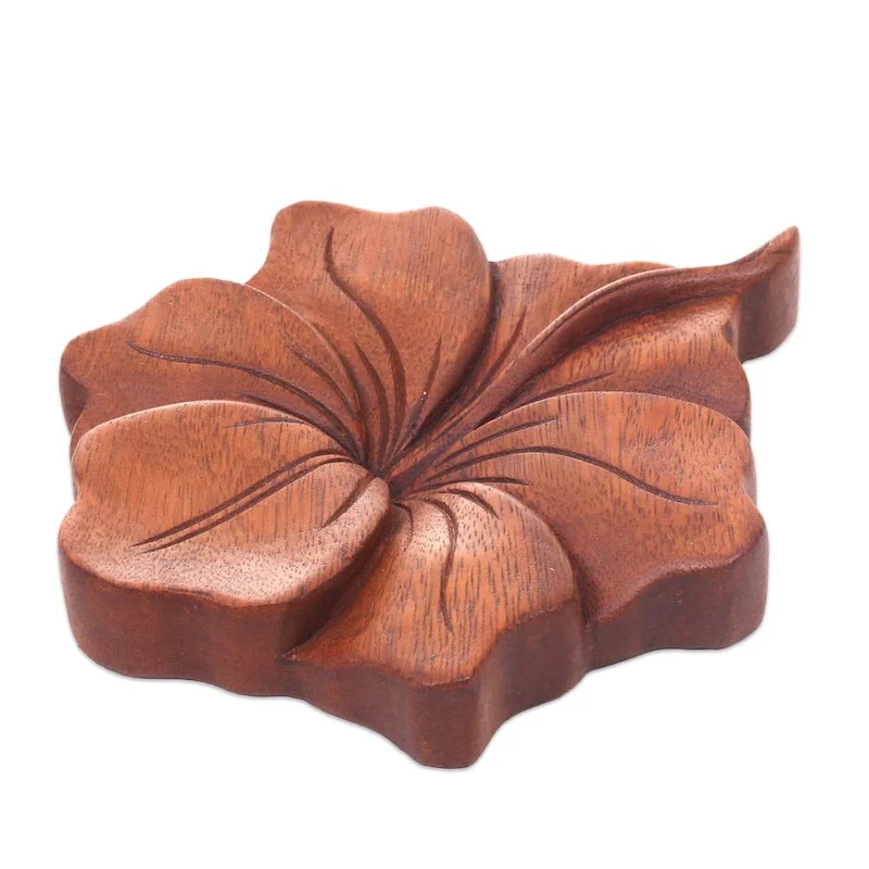 Wood Relief Panel, 'Single Hibiscus' (Indonesia) - 6.75  H x 5.75  W x 1  D
