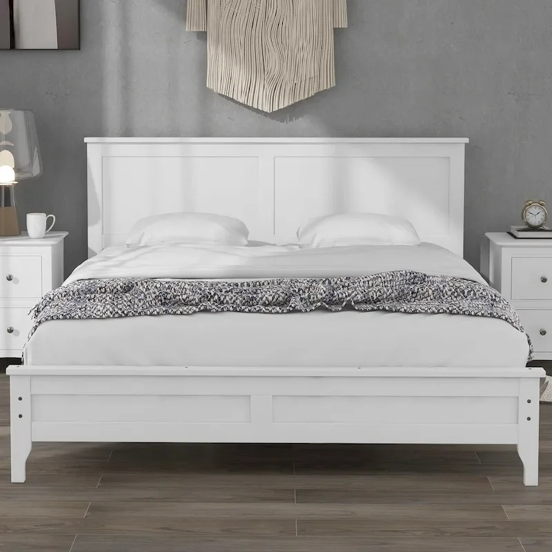 Modern White Solid Wood Queen Platform Bed