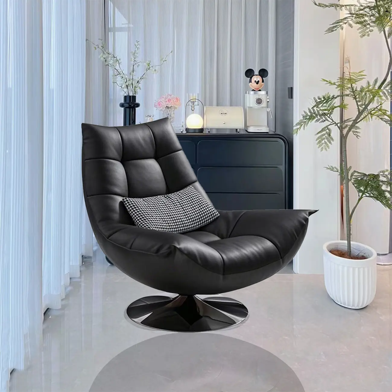 Black Swivel Tufted Leather Accent Chair Pillow Included