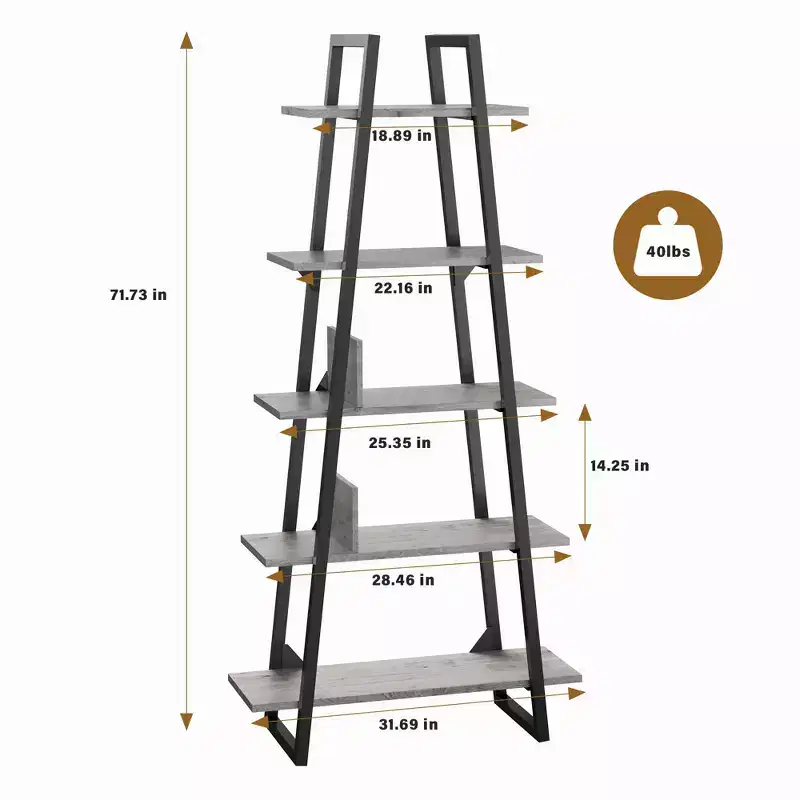 GustoWave Tall Narrow Bookcase with Shelves, Ladder Shelf, Bookshelf Bookcase, 5 Tier Wood and Metal Bookshelves Storage Organizer