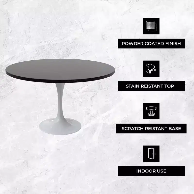 LeisureMod Verve Mid-Century Modern Table with a 48 Round MDF Tabletop and White Steel Pedestal Base for Kitchen and Dining Room in Black
