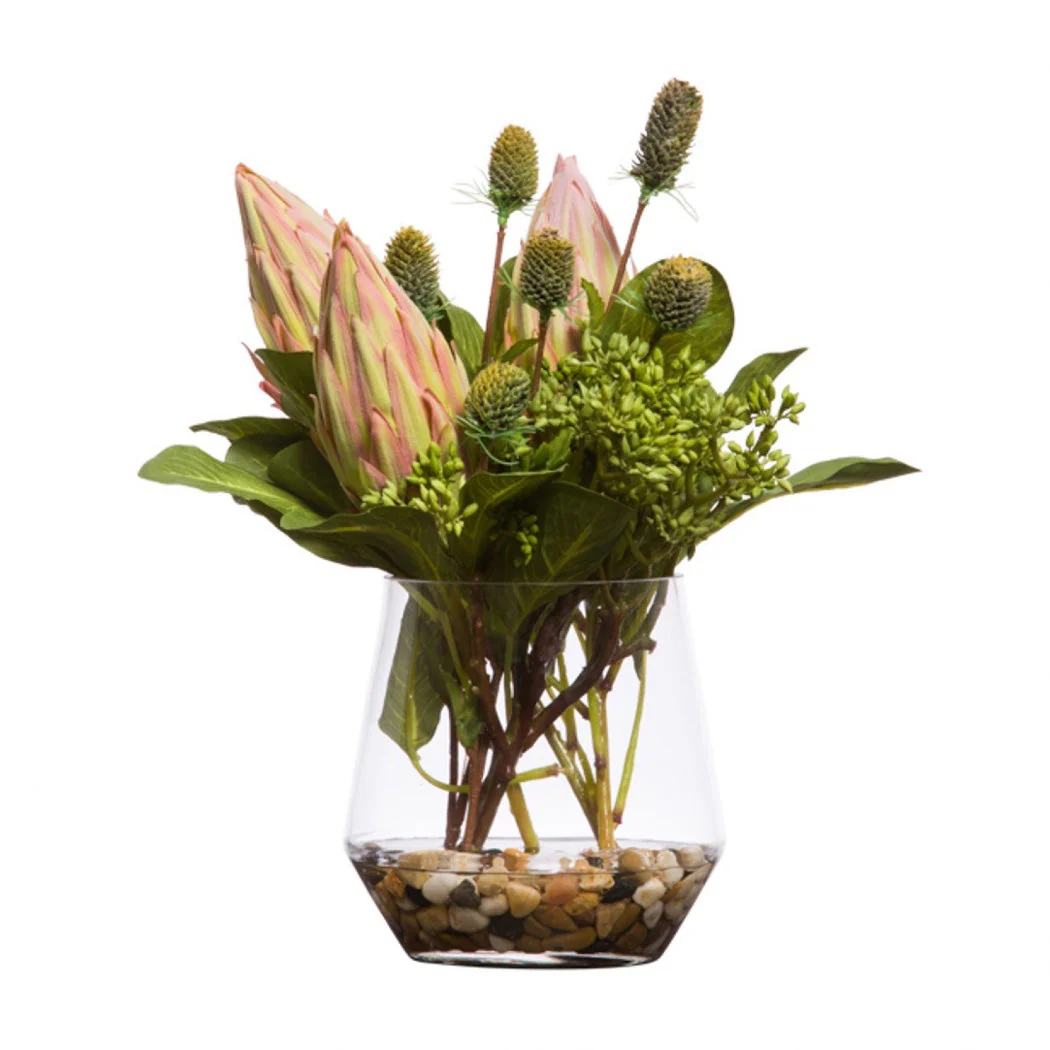 PINK PROTEA & THISTLE IN SHORT GLASS WTR