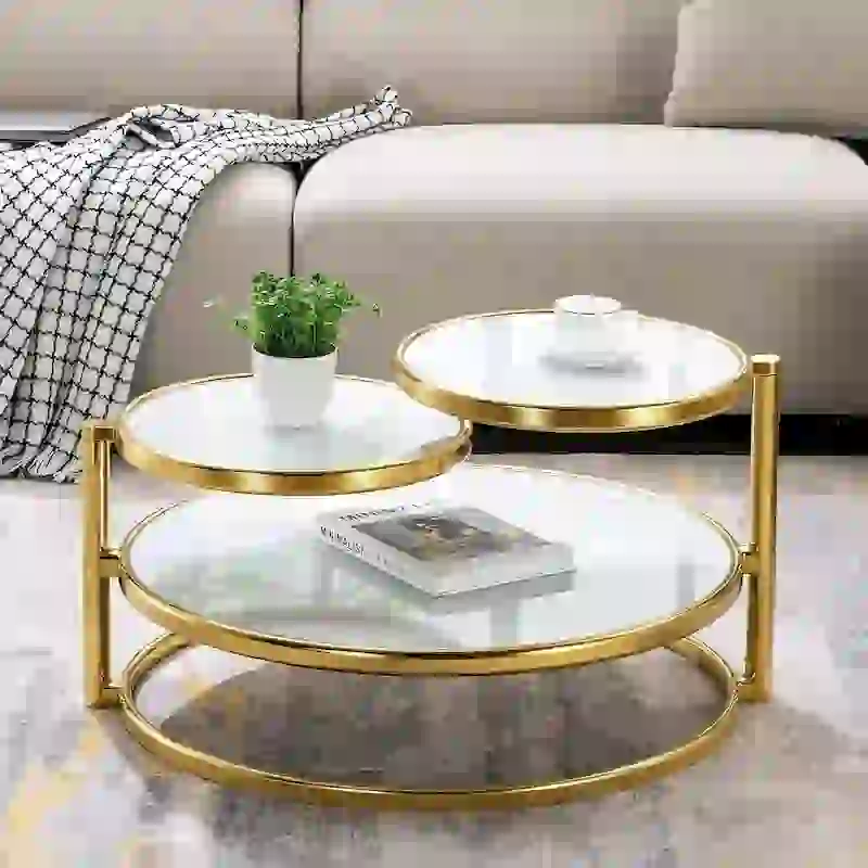 Round Tempered Glass Coffee Table with 3 Tiers 360 Degrees Rotating Top