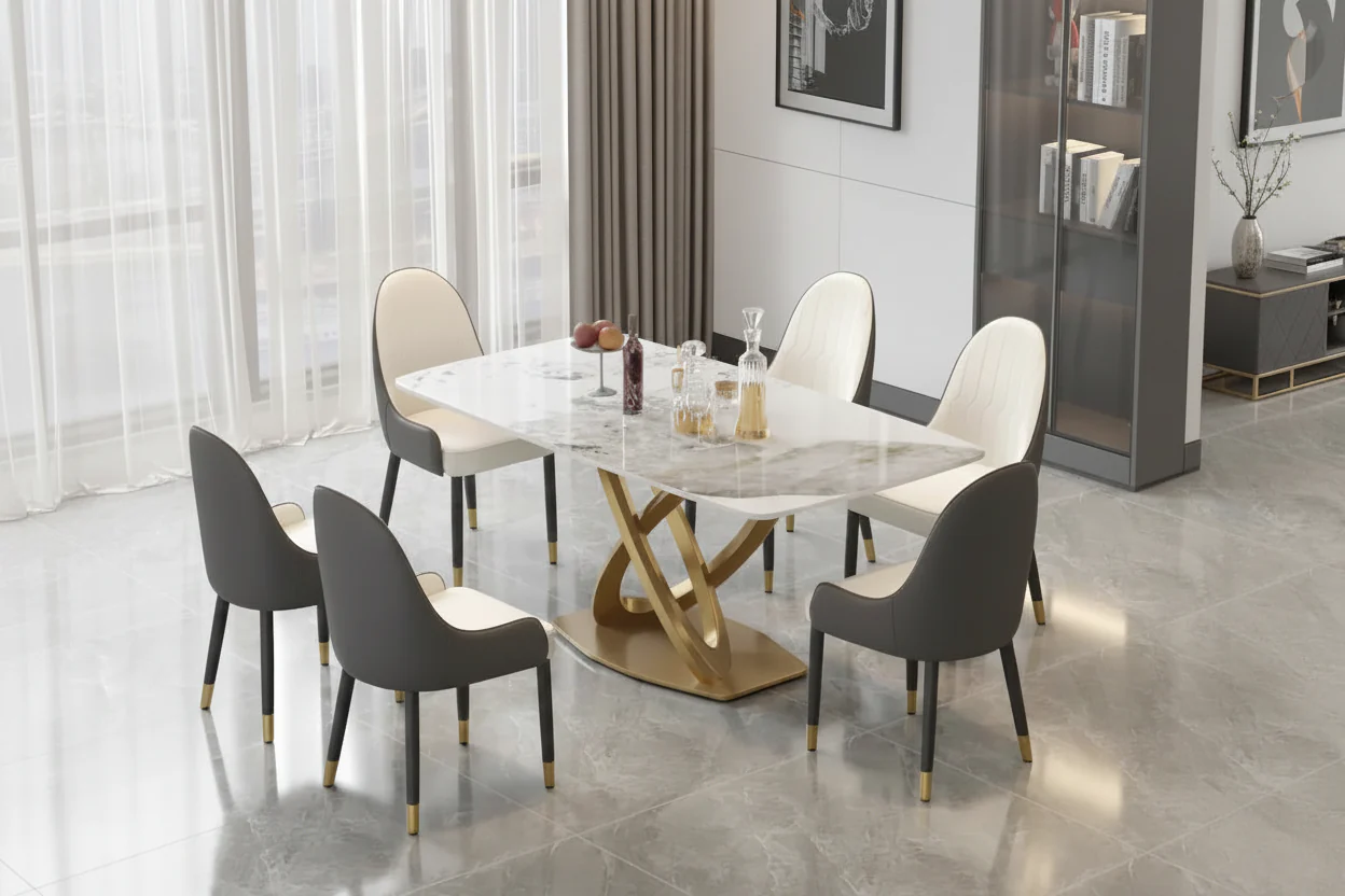 71 Modern Dining Table with Rectangular Sintered Stone Tabletop and Gold Base