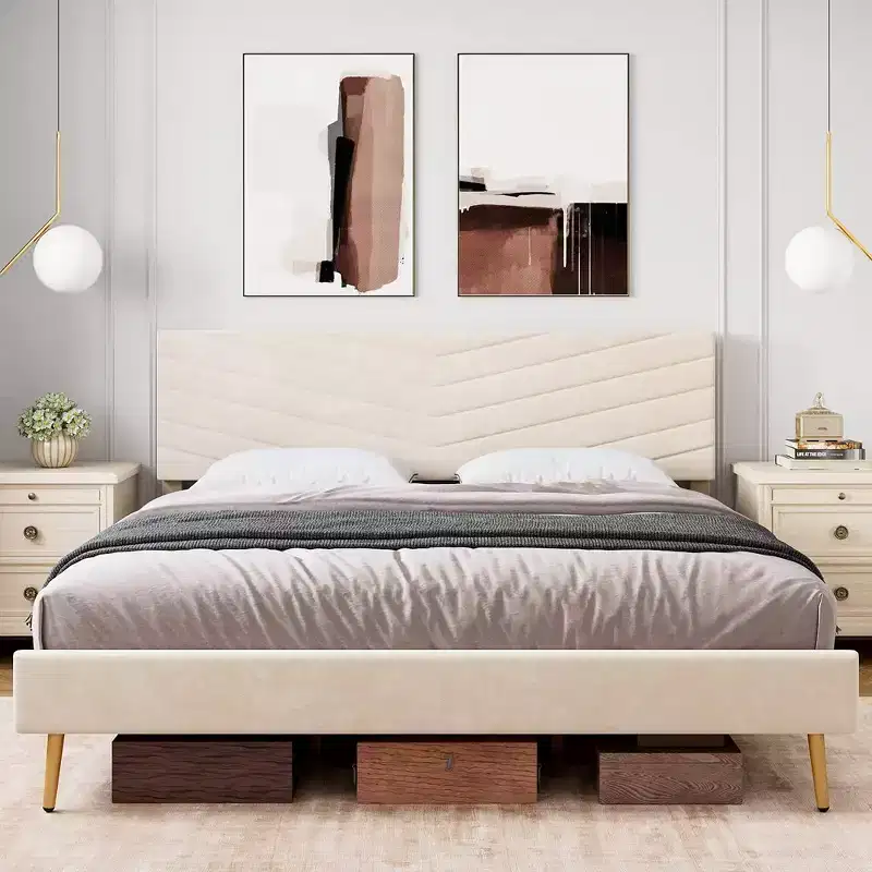 Whizmax King/Queen/Full Size Bed Frame with Adjustable Headboard, Velvet Upholstered Platform Bed, Solid Wood Slats Support, No Box Spring Needed